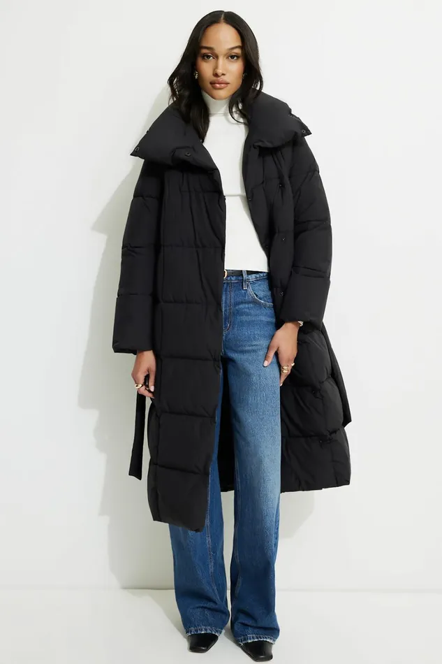 Dynamite Coats and Jackets Women Belted Maxi Puffer Coat Black