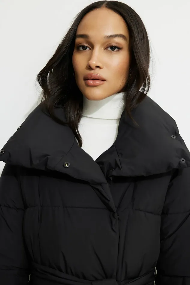 Dynamite Coats and Jackets Women Belted Maxi Puffer Coat Black