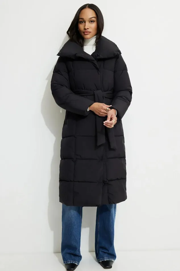 Dynamite Coats and Jackets Women Belted Maxi Puffer Coat Black
