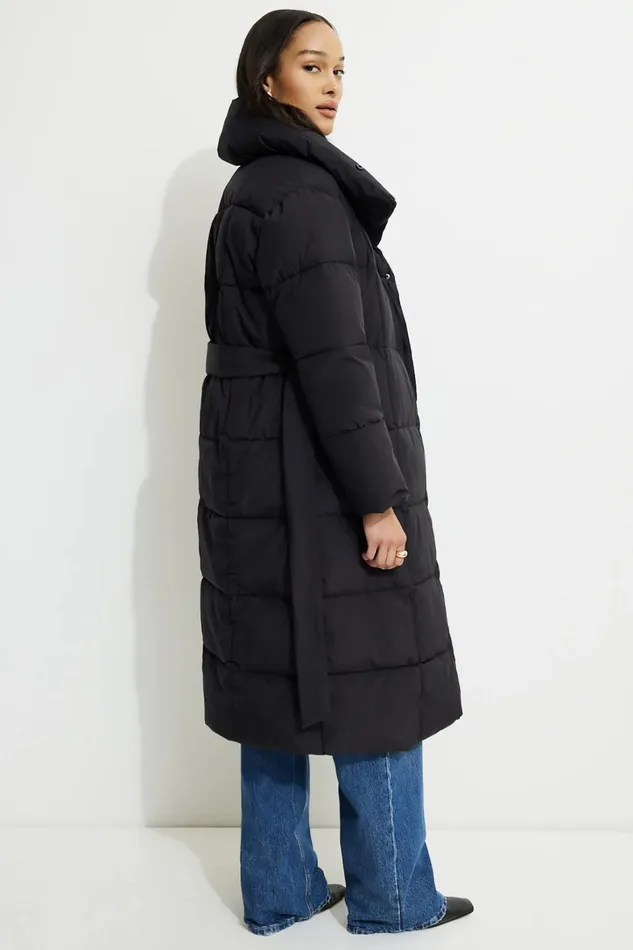 Dynamite Coats and Jackets Women Belted Maxi Puffer Coat Black