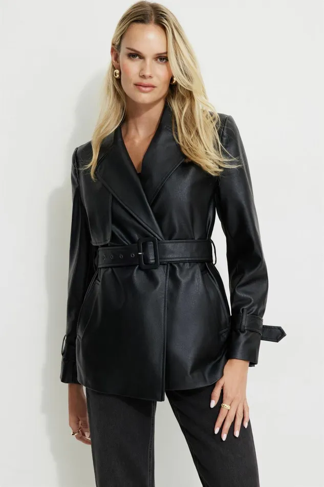 Dynamite Coats and Jackets Women Cropped Faux Leather Trench Coat BLACK