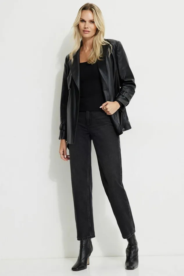 Dynamite Coats and Jackets Women Cropped Faux Leather Trench Coat BLACK
