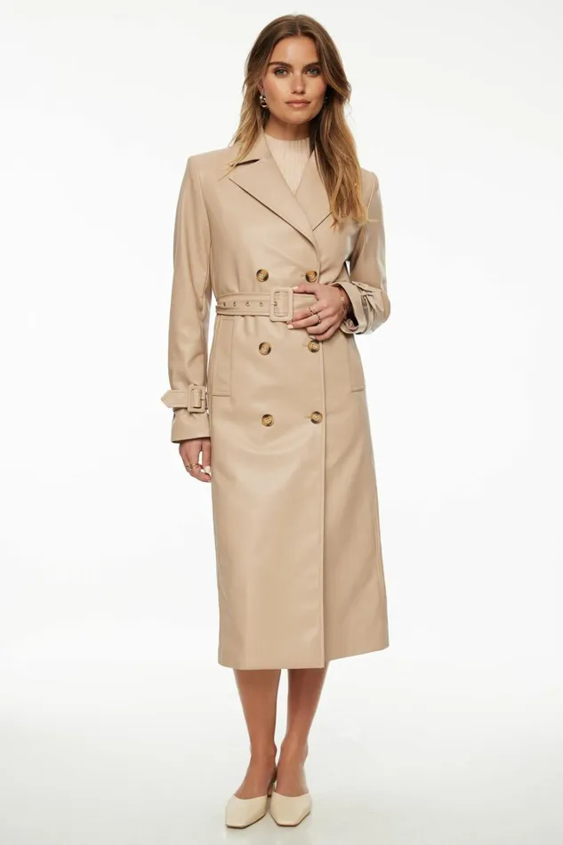Dynamite Coats and Jackets Women Military Faux Leather Trench Coat Gray