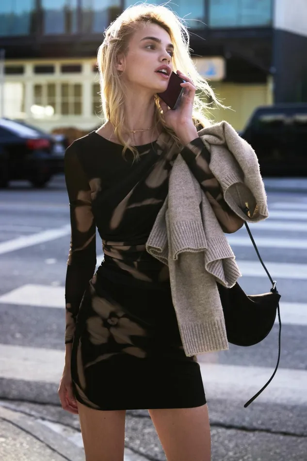 Dynamite Dresses and Jumpsuits Women Shirred Mesh Mini Dress BROWN