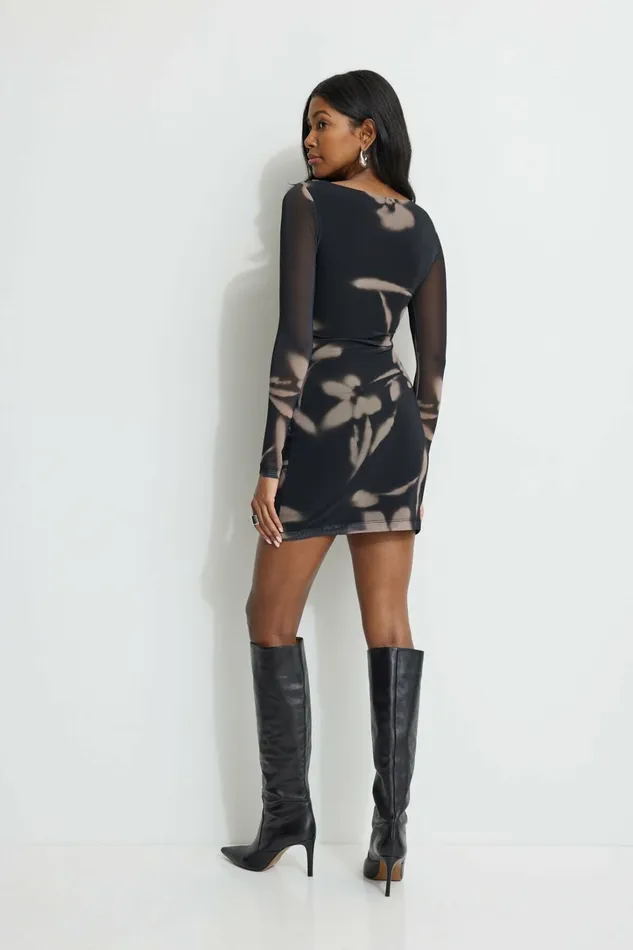 Dynamite Dresses and Jumpsuits Women Shirred Mesh Mini Dress BROWN