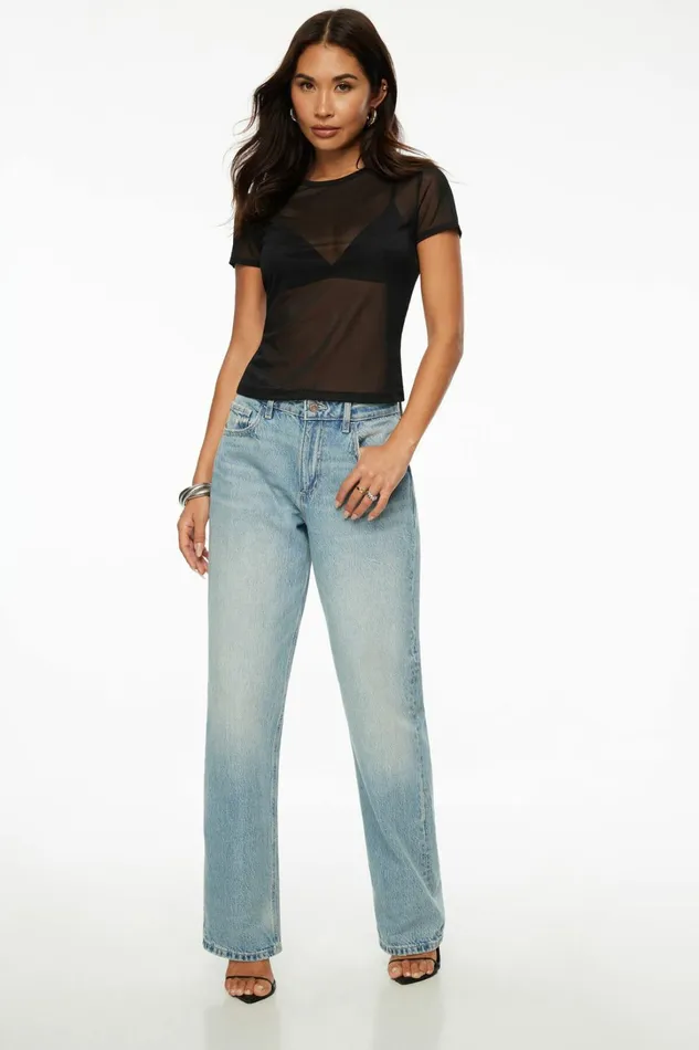 Dynamite Short Sleeve Tops Women Drea Sheer Mesh T Shirt Black