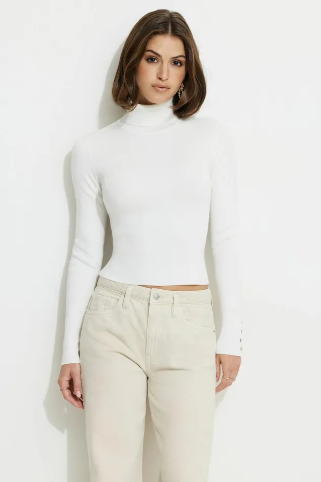 Dynamite Tops Women Button Cuff Turtleneck Sweater White