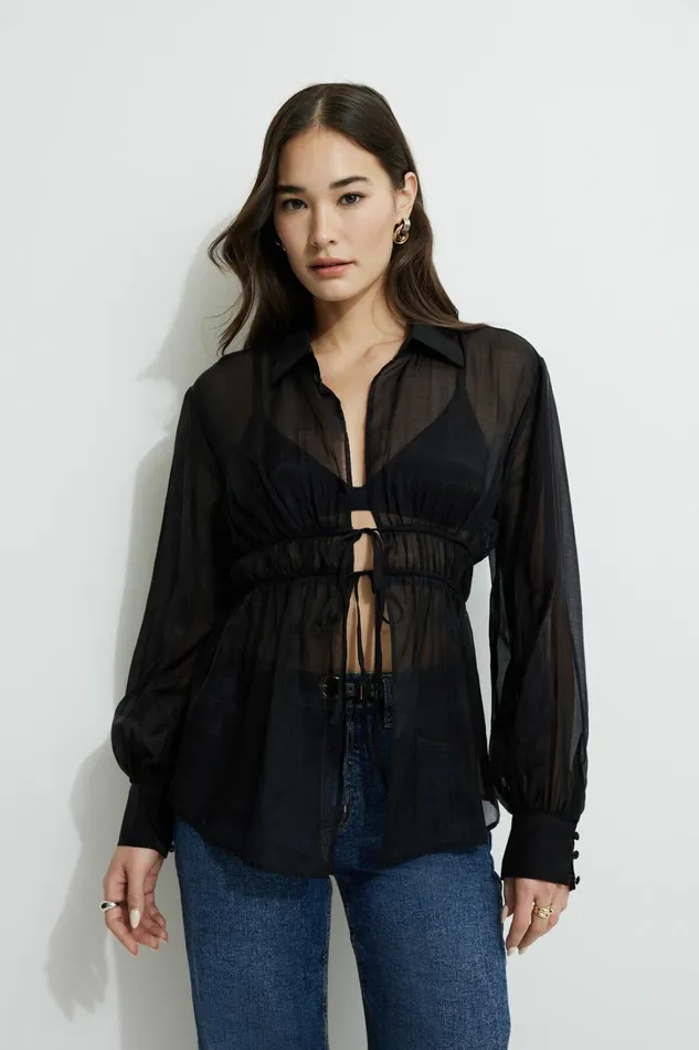 Dynamite Tops Women Organza Flyaway Blouse Black