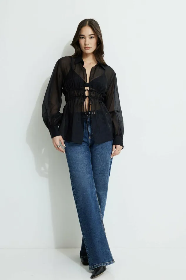 Dynamite Tops Women Organza Flyaway Blouse Black