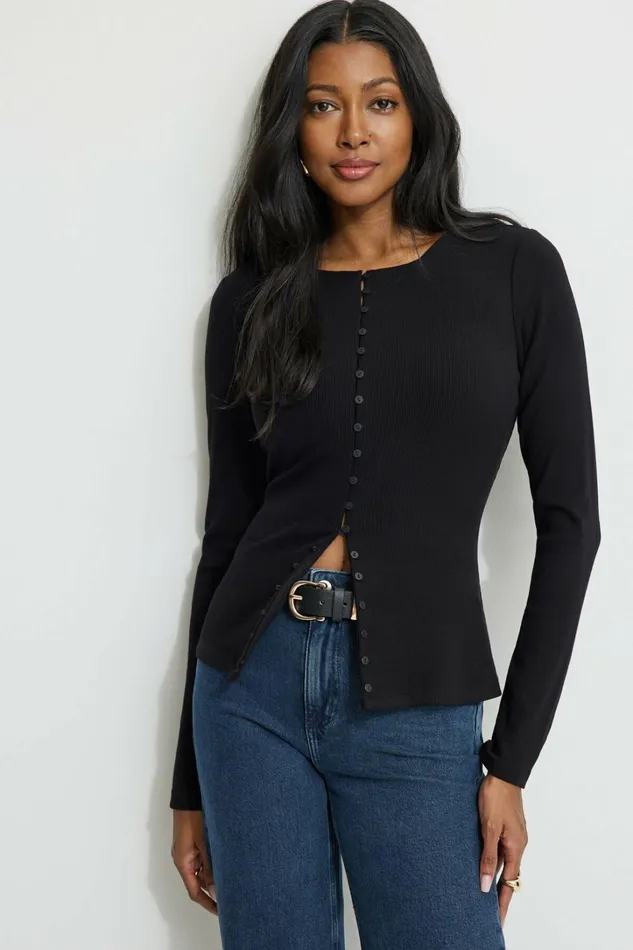 Dynamite Tops Women Renae Ribbed Flyaway Cardigan Black