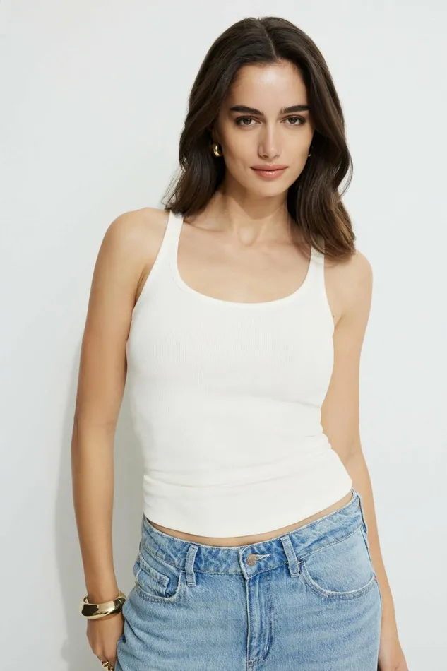 Dynamite Tops Women Ribbed Scoop Neck Tank Top Beige
