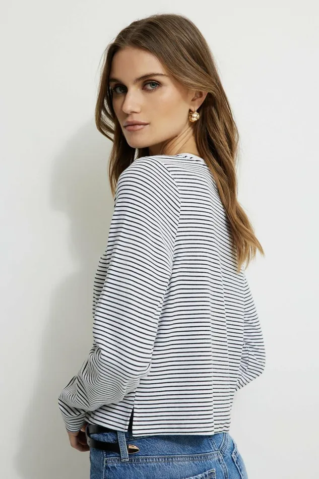 Dynamite Tops Women Striped Long Sleeve TShirt Black