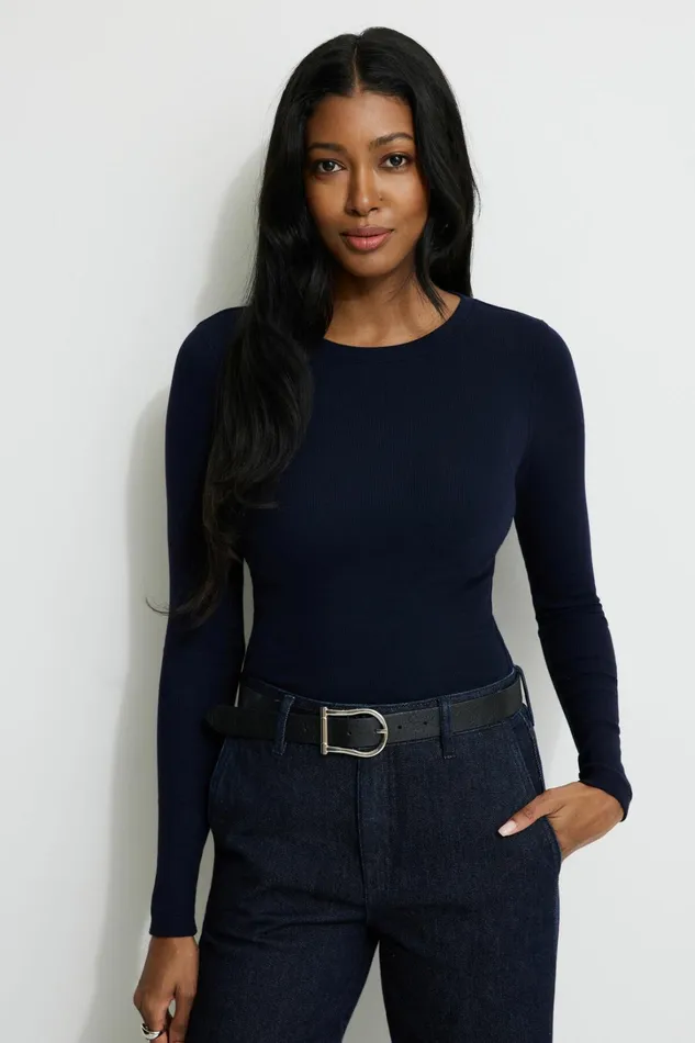 Dynamite Tops Women Tedi Ribbed Long Sleeve T Shirt Blue