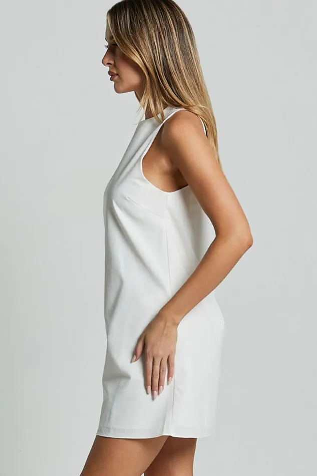 Elda Mini Dress 8211 Linen Look High Neck Shift Dress In Off White Women Showpo Conscious