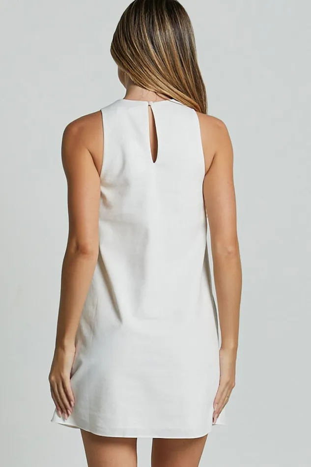 Elda Mini Dress 8211 Linen Look High Neck Shift Dress In Off White Women Showpo Conscious