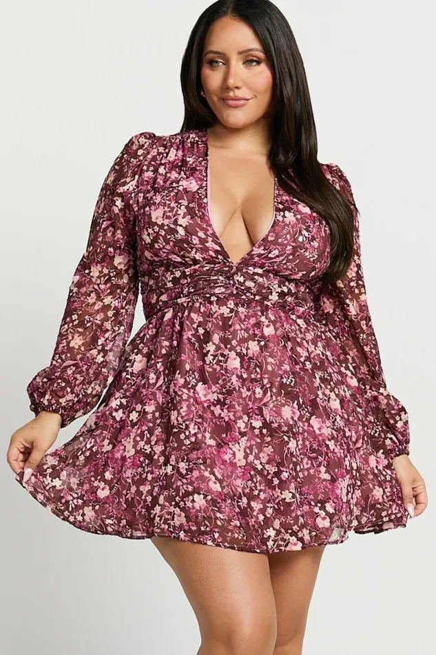 Eleanor Mini Dress 8211 Plunge Twist Front Jacquard Dress In Wine Floral Women Showpo Curve Clothes