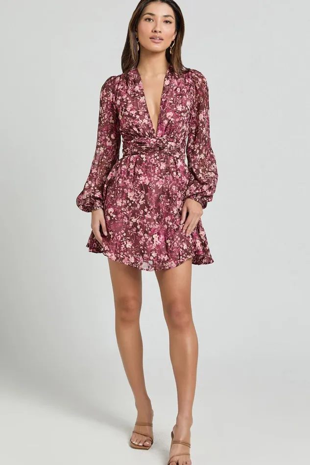 Eleanor Mini Dress 8211 Plunge Twist Front Jacquard Dress In Wine Floral Women Showpo Curve Clothes