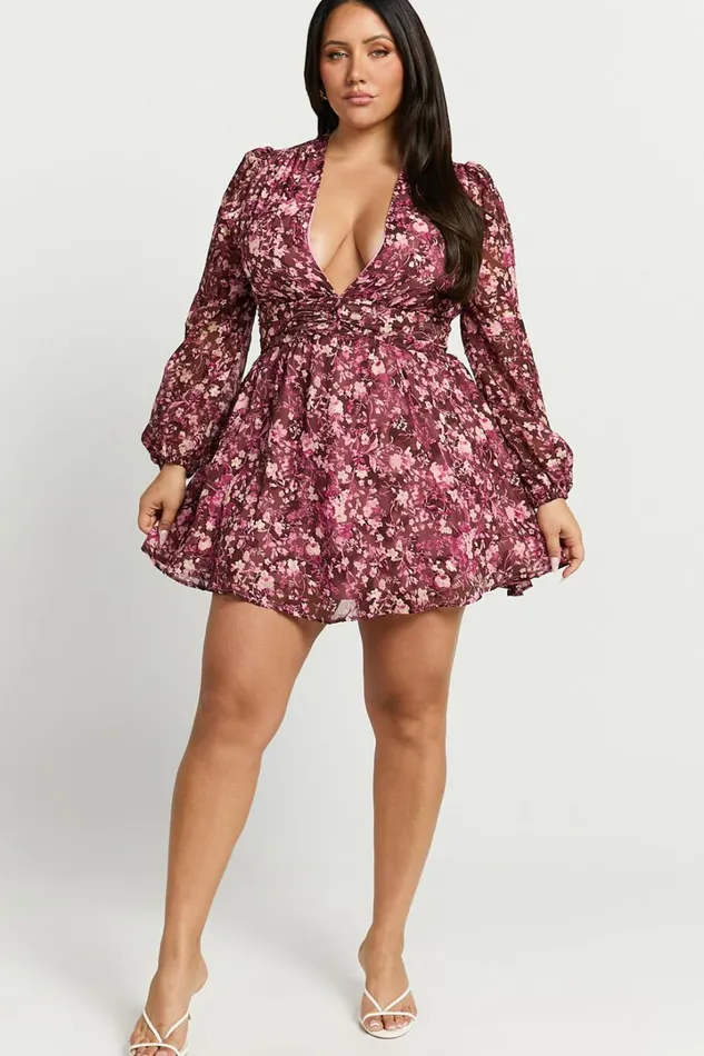 Eleanor Mini Dress 8211 Plunge Twist Front Jacquard Dress In Wine Floral Women Showpo Curve Clothes