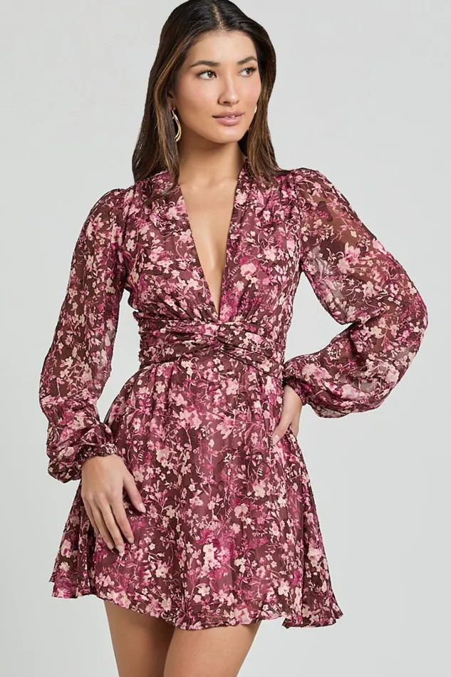 Eleanor Mini Dress 8211 Plunge Twist Front Jacquard Dress In Wine Floral Women Showpo Curve Clothes