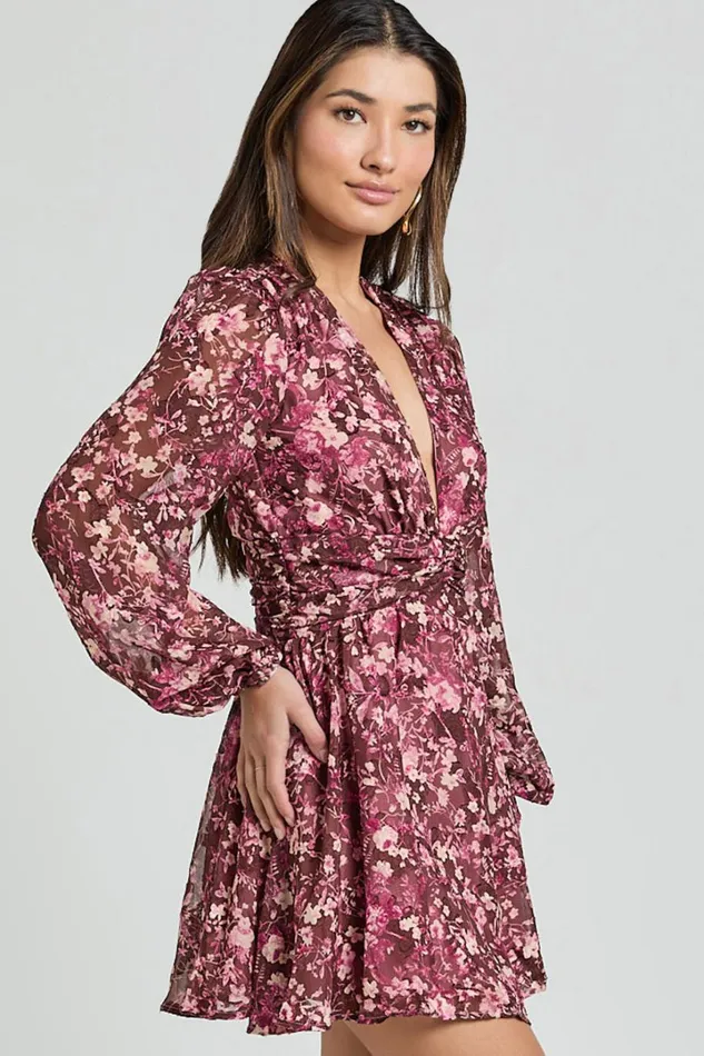 Eleanor Mini Dress 8211 Plunge Twist Front Jacquard Dress In Wine Floral Women Showpo Curve Clothes