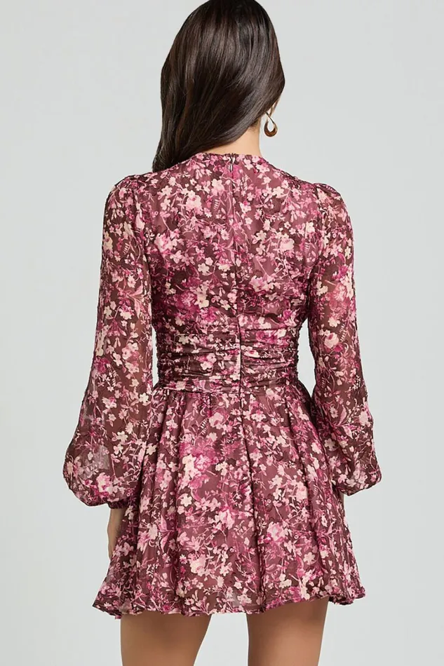 Eleanor Mini Dress 8211 Plunge Twist Front Jacquard Dress In Wine Floral Women Showpo Curve Clothes