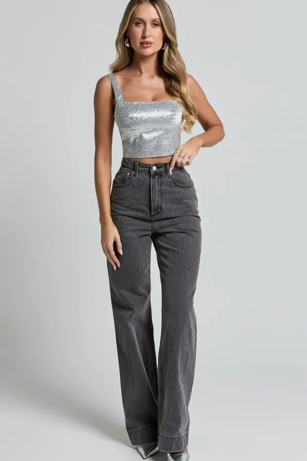 Elena Top 8211 Metallic Jacquard Square Neck Top In Silver Women Showpo Tops