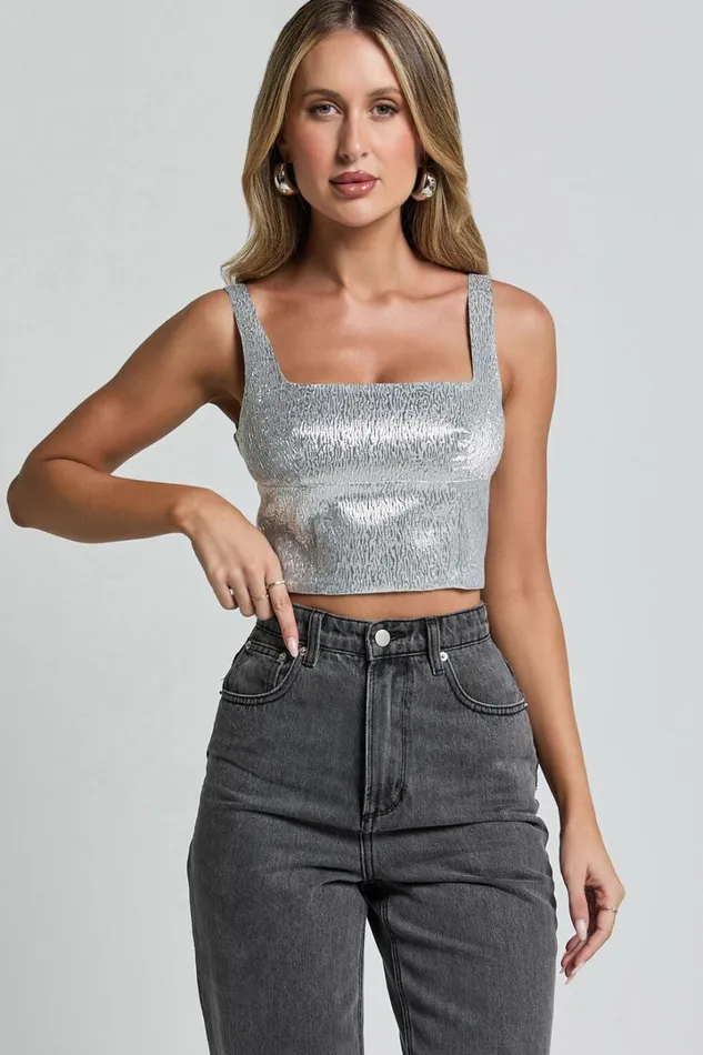 Elena Top 8211 Metallic Jacquard Square Neck Top In Silver Women Showpo Tops