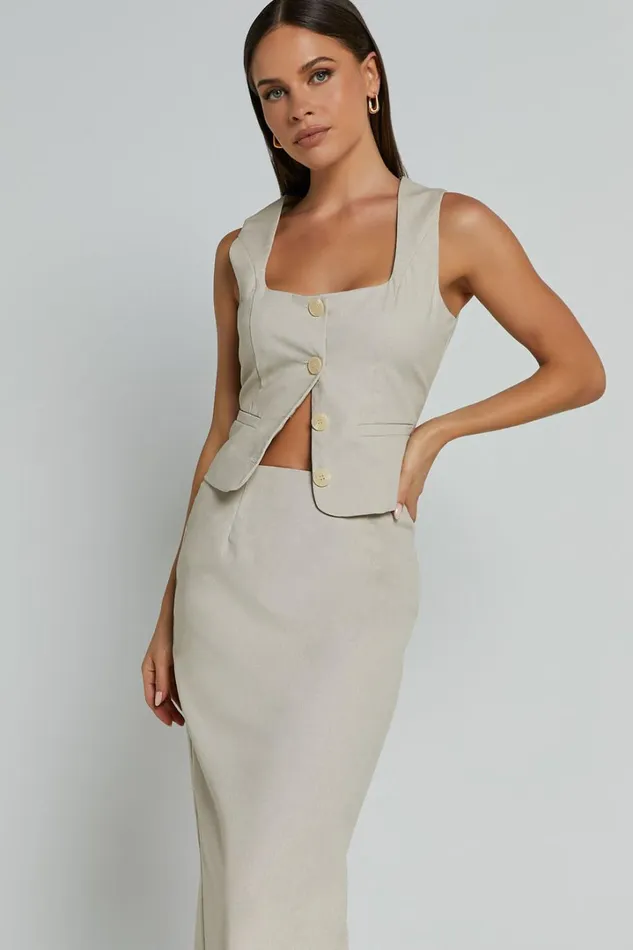 Elias Two Piece Set 8211 Linen Look Square Neck Vest Top And Column Midi Skirt In Natural Women Showpo Conscious