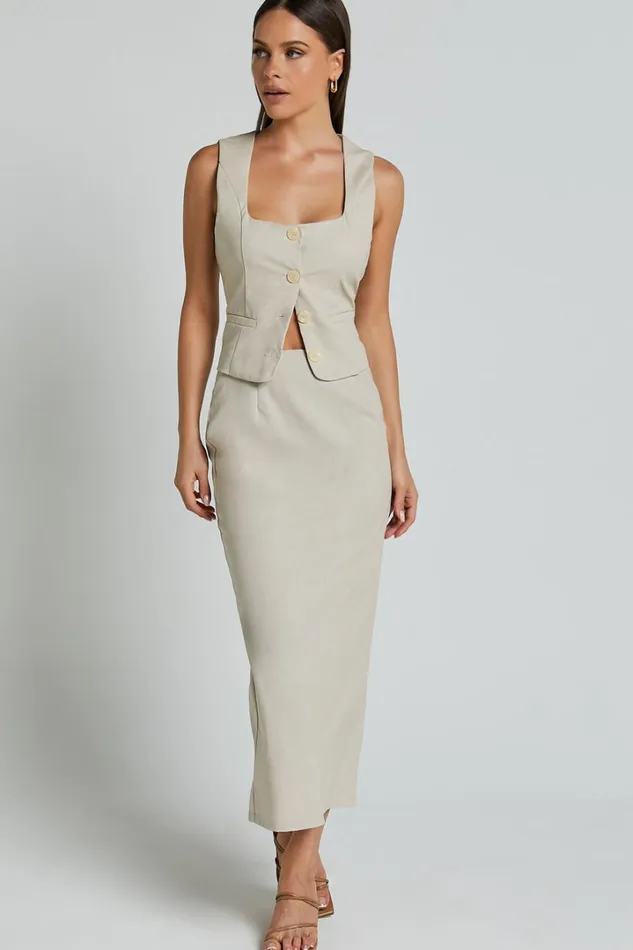 Elias Two Piece Set 8211 Linen Look Square Neck Vest Top And Column Midi Skirt In Natural Women Showpo Conscious