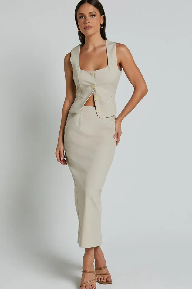 Elias Two Piece Set 8211 Linen Look Square Neck Vest Top And Column Midi Skirt In Natural Women Showpo Conscious