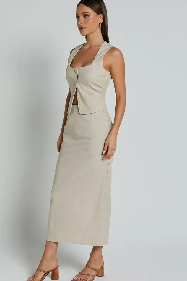 Elias Two Piece Set 8211 Linen Look Square Neck Vest Top And Column Midi Skirt In Natural Women Showpo Conscious