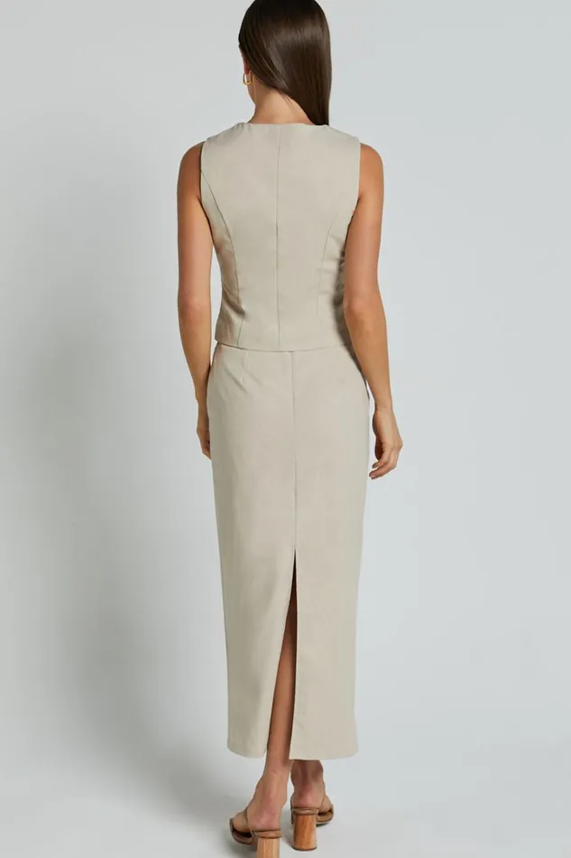 Elias Two Piece Set 8211 Linen Look Square Neck Vest Top And Column Midi Skirt In Natural Women Showpo Conscious