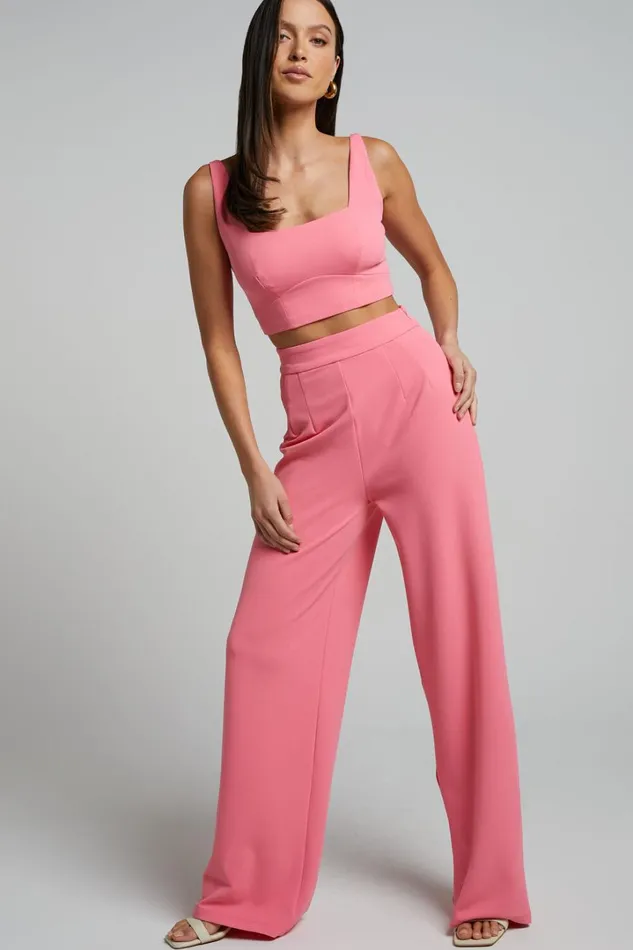 Elibeth Two Piece Set 8211 Crop Top And High Waisted Wide Leg Pants Set In Bubblegum Pink Women Showpo Curve Clothes