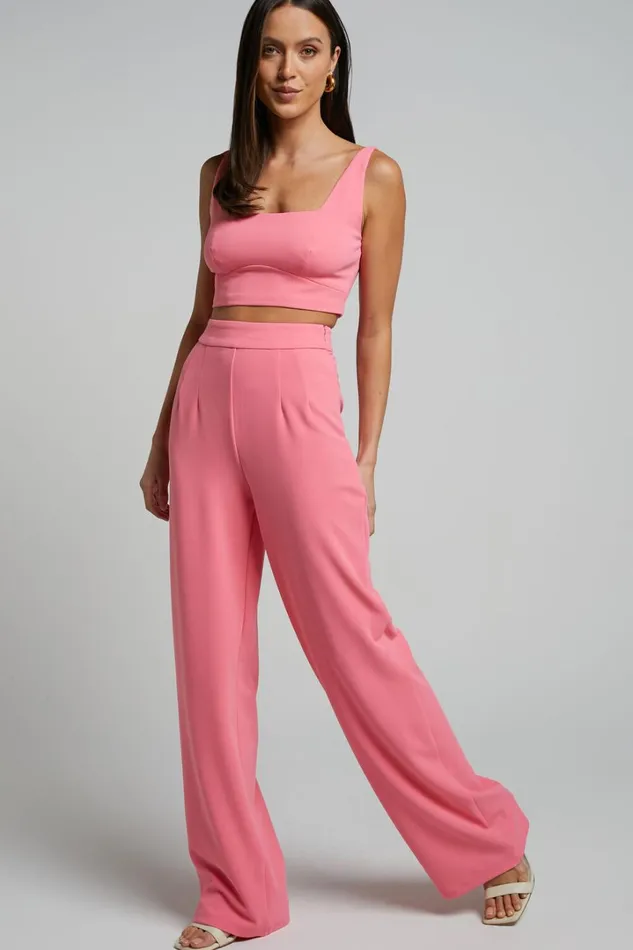 Elibeth Two Piece Set 8211 Crop Top And High Waisted Wide Leg Pants Set In Bubblegum Pink Women Showpo Curve Clothes