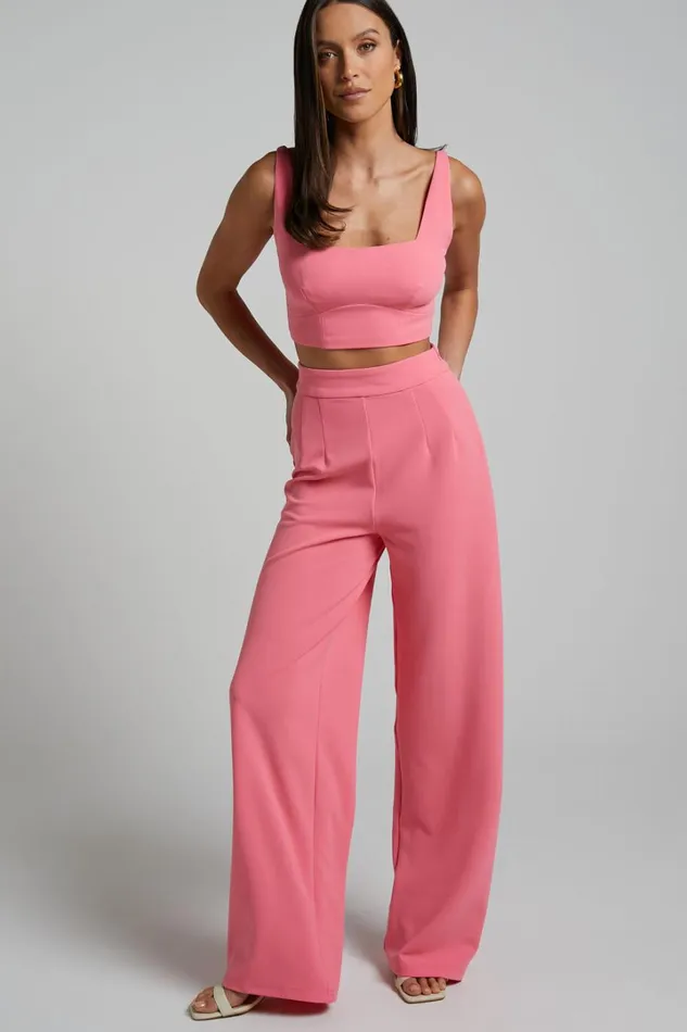 Elibeth Two Piece Set 8211 Crop Top And High Waisted Wide Leg Pants Set In Bubblegum Pink Women Showpo Curve Clothes