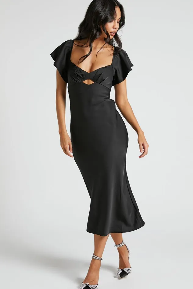 Emberlynn Midi Dress 8211 Flutter Sleeve Cut Out Satin Dress In Black Women Showpo Dresses Emberlynn Midi Dress 8211 Flutter Sleeve Cut Out Satin Dress In Black Women Showpo Dresses