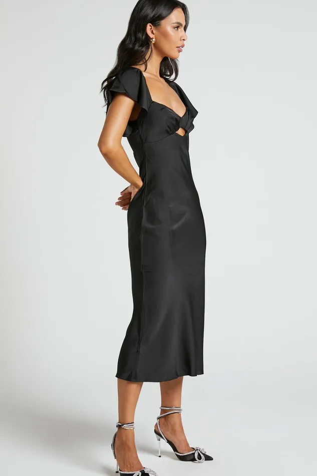 Emberlynn Midi Dress 8211 Flutter Sleeve Cut Out Satin Dress In Black Women Showpo Dresses