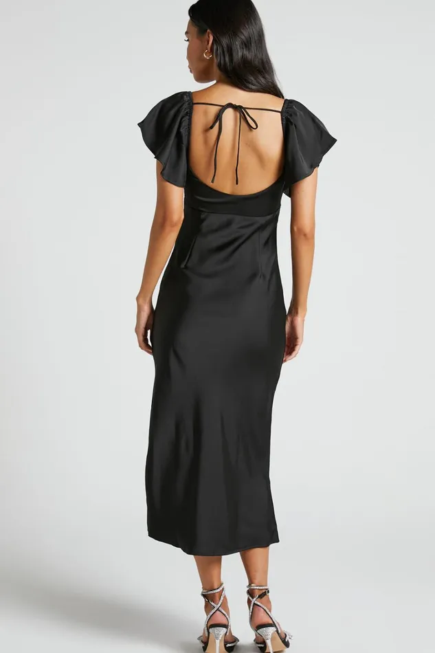Emberlynn Midi Dress 8211 Flutter Sleeve Cut Out Satin Dress In Black Women Showpo Dresses