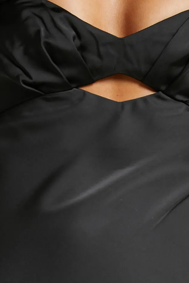 Emberlynn Midi Dress 8211 Flutter Sleeve Cut Out Satin Dress In Black Women Showpo Dresses