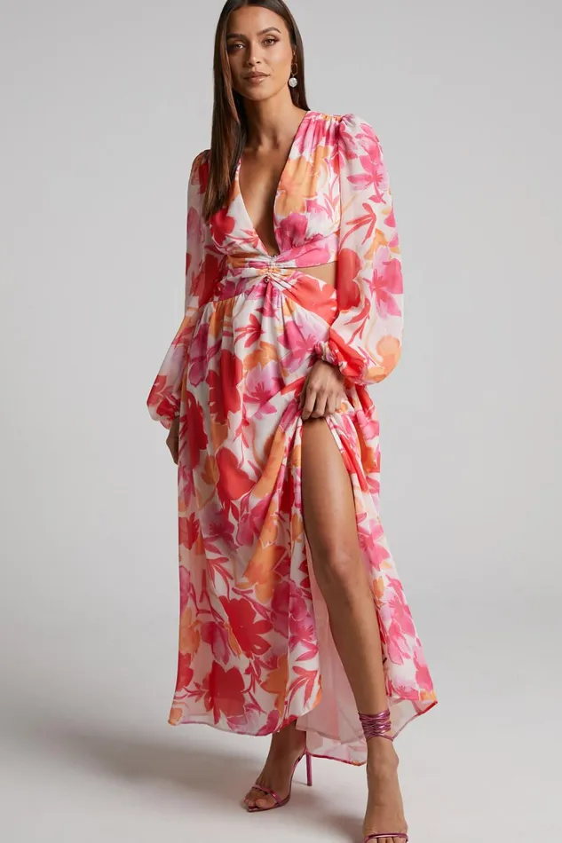 Emilee Midi Dress 8211 Side Cut Out Long Sleeve Plunge Dress In Pink Floral Women Showpo Dresses Emilee Midi Dress 8211 Side Cut Out Long Sleeve Plunge Dress In Pink Floral Women Showpo Dresses