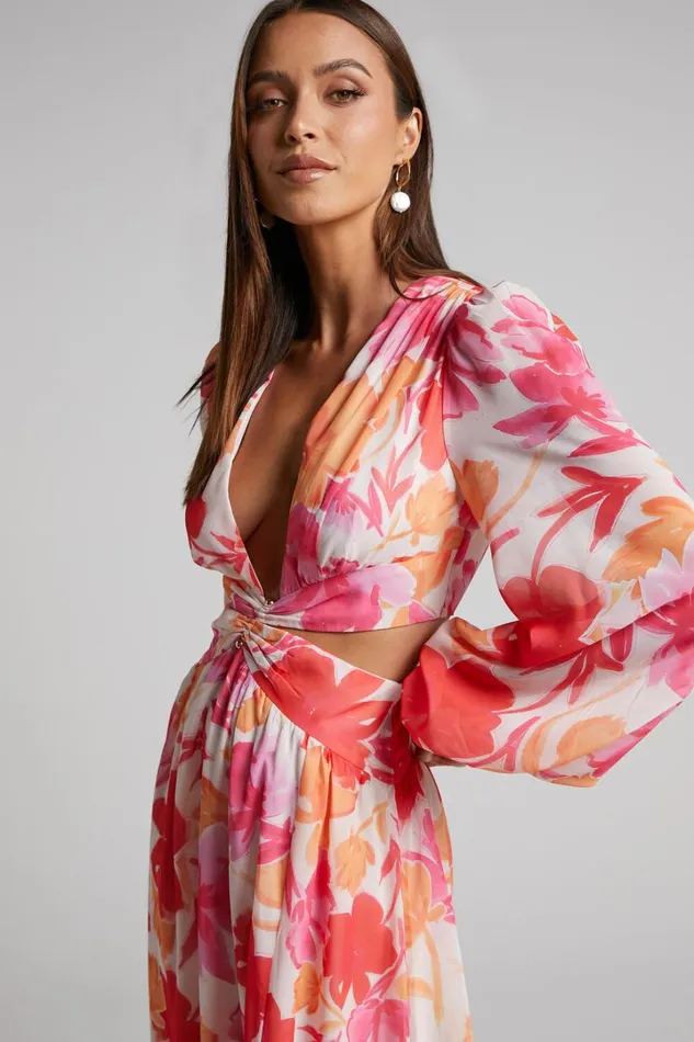 Emilee Midi Dress 8211 Side Cut Out Long Sleeve Plunge Dress In Pink Floral Women Showpo Dresses
