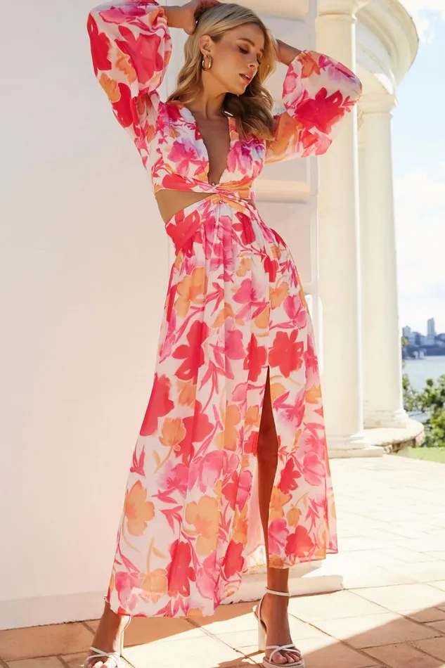Emilee Midi Dress 8211 Side Cut Out Long Sleeve Plunge Dress In Pink Floral Women Showpo Dresses