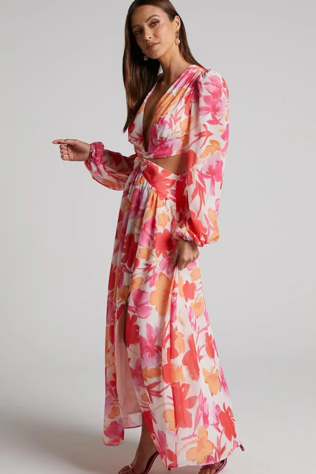 Emilee Midi Dress 8211 Side Cut Out Long Sleeve Plunge Dress In Pink Floral Women Showpo Dresses