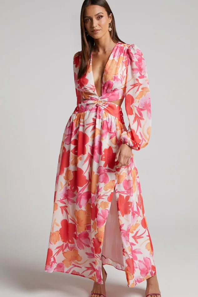Emilee Midi Dress 8211 Side Cut Out Long Sleeve Plunge Dress In Pink Floral Women Showpo Dresses