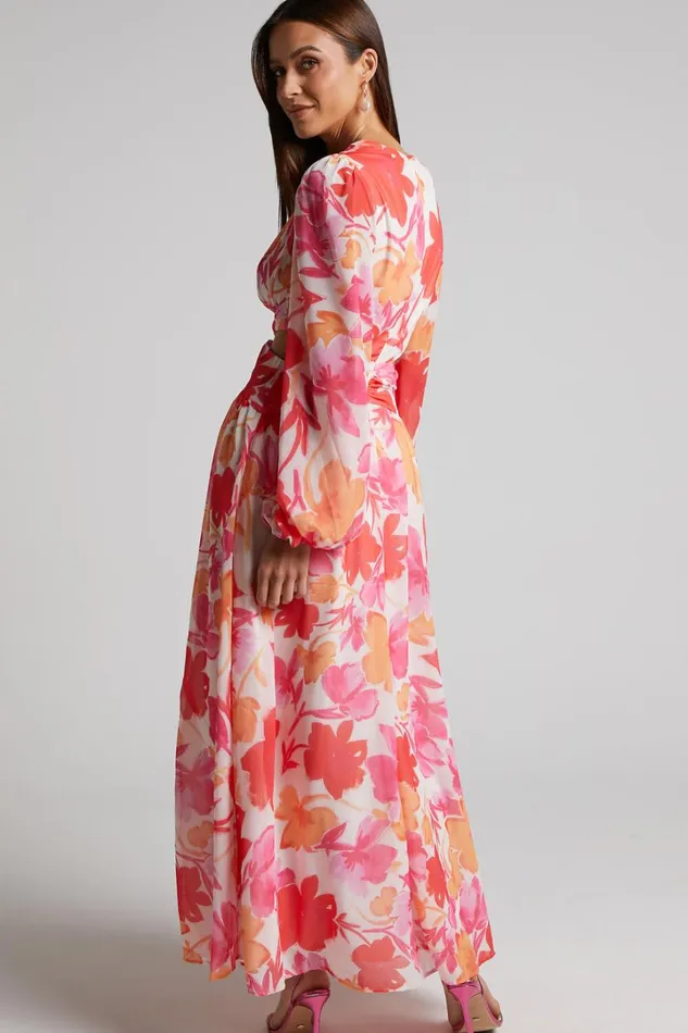 Emilee Midi Dress 8211 Side Cut Out Long Sleeve Plunge Dress In Pink Floral Women Showpo Dresses