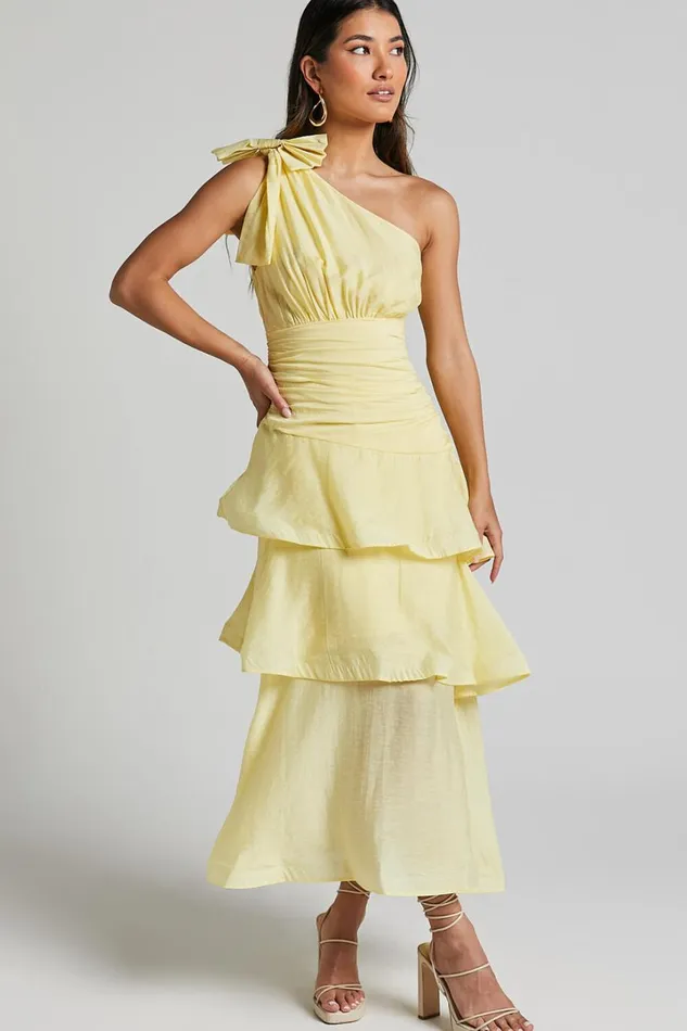 Eugenia Midi Dress 8211 One Shoulder Fit And Flare Layered Dress In Yellow Women Showpo Curve Clothes Eugenia Midi Dress 8211 One Shoulder Fit And Flare Layered Dress In Yellow Women Showpo Curve Clothes