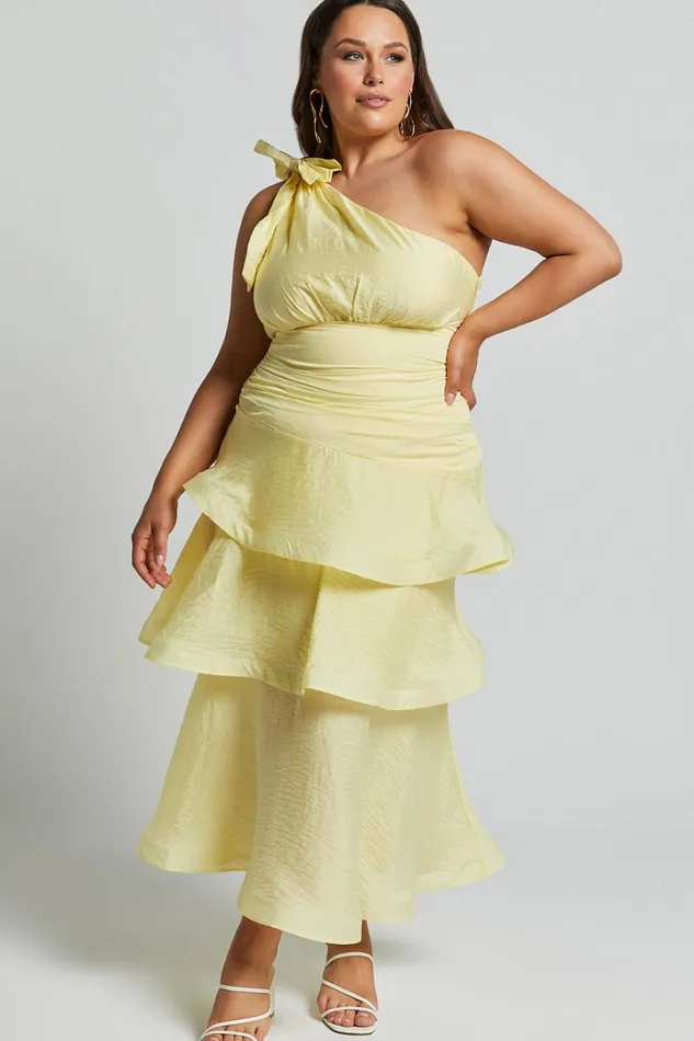 Eugenia Midi Dress 8211 One Shoulder Fit And Flare Layered Dress In Yellow Women Showpo Curve Clothes