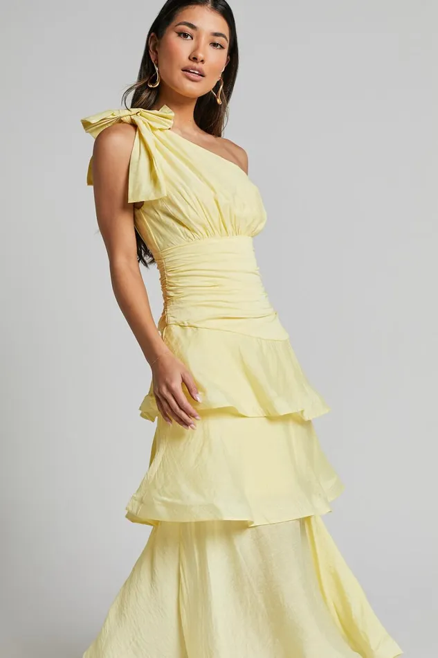 Eugenia Midi Dress 8211 One Shoulder Fit And Flare Layered Dress In Yellow Women Showpo Curve Clothes
