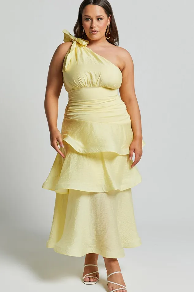 Eugenia Midi Dress 8211 One Shoulder Fit And Flare Layered Dress In Yellow Women Showpo Curve Clothes