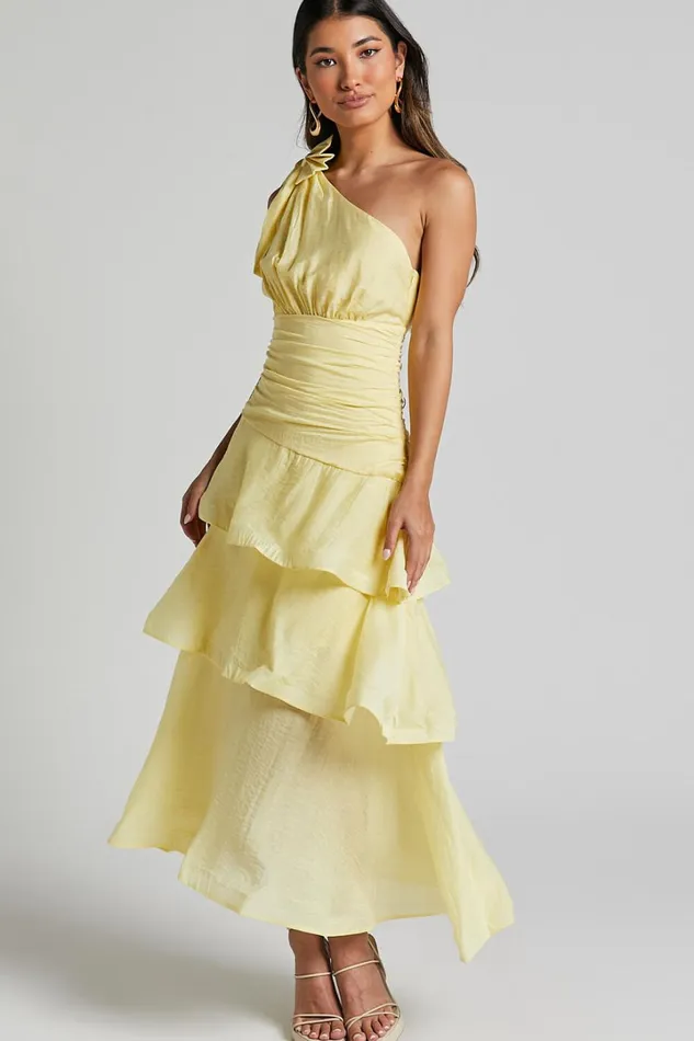 Eugenia Midi Dress 8211 One Shoulder Fit And Flare Layered Dress In Yellow Women Showpo Curve Clothes